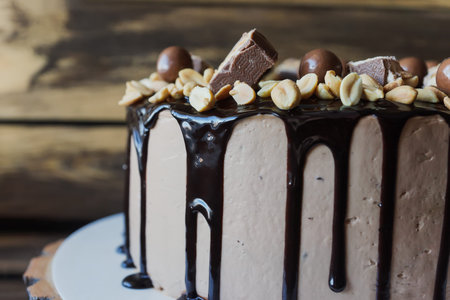 Delicious cake with peanut and dark chocolate decoration
