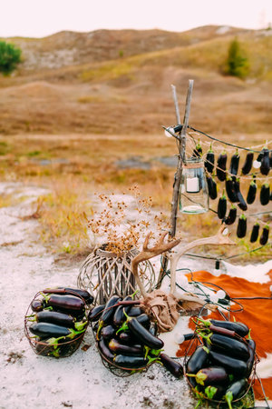 Eggplants lie in iron baskets outdoors near the wooden decorの写真素材