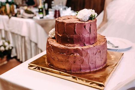 The two-level chocolate wedding cake is decorated with white flowers and stands on the golden stand, on the white table.の写真素材