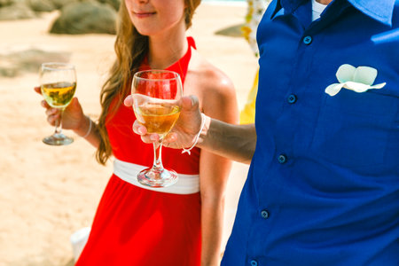 Young happy couple drinking white wine on the beach, closeupの写真素材