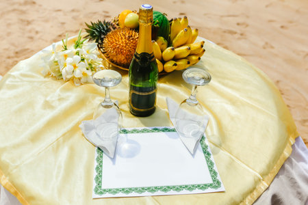 Two empty wineglasses next to a bottle of champagne on the tableの写真素材