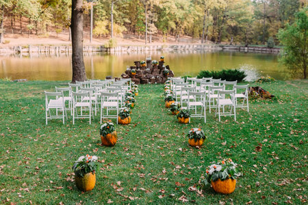 Wedding decoration with autumn pumpkins and flowers. Ceremony outdoor in the park. White chairs for guestsの写真素材