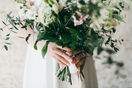 Woman hold a bunch of flowers. Artworkの写真素材