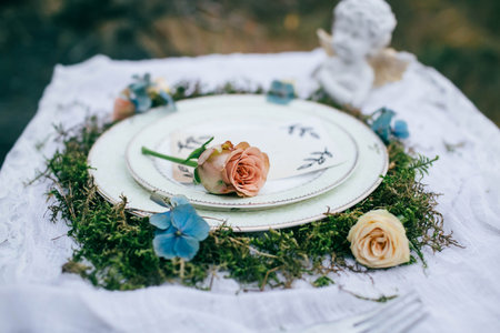 Wedding table setting in rustic style. Outdoorの写真素材