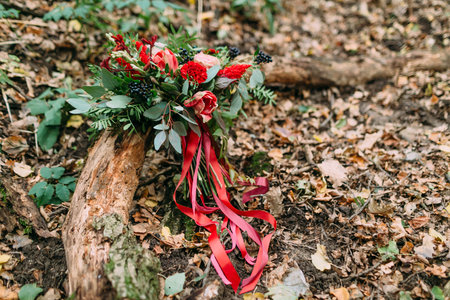 Beautiful wedding bouquet of different flowers lying on a log in the park. Autumn weddingの写真素材