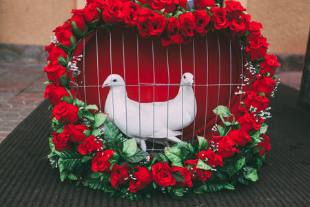Two white wedding pigeons in cage in shape of heart with red rosesの写真素材