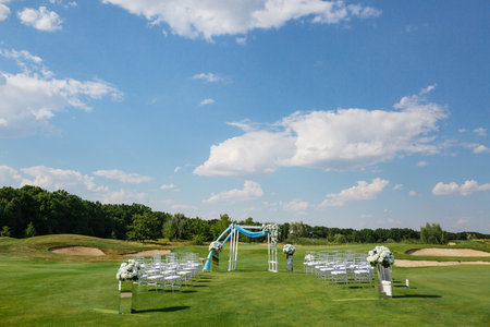 Wedding Venues on green lawn before a wedding ceremony in summer.の写真素材