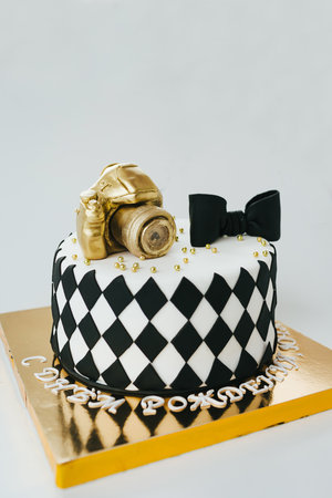 Black and White Birthday Cake For Photographer On White Background. With Russion Inscription Happy Birthdayの写真素材