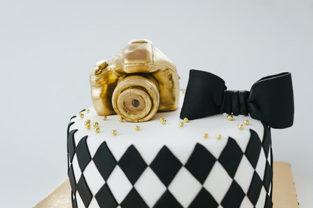 Black and White Birthday Cake For Photographer On White Background.の写真素材
