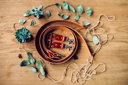 Unloading belt for the photographer on wooden background. Top view. Artworkの写真素材