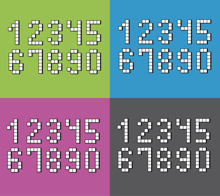 Set of flat pixel numbers on four different color backgrounds.のイラスト素材