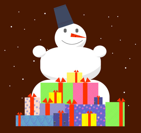 Vector illustration of the Christmas tree and piles of presents under it with snowflakes and snowmanのイラスト素材