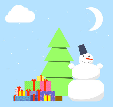 Vector illustration of the Christmas tree and piles of presents under it with snowflakes and snowmanのイラスト素材