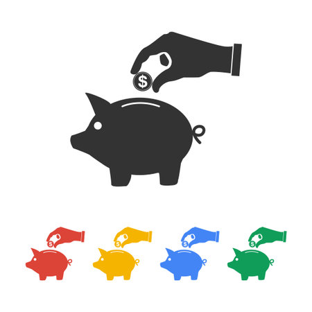 piggy bank and hand with coin black icon.vector illustrationのイラスト素材