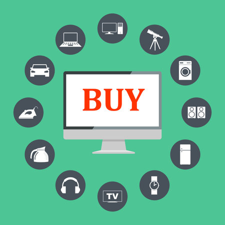 Flat design vector illustration icons of e-commerce symbols, internet shopping elements and objects in retro stylish color. Isolated on colored backgroundのイラスト素材