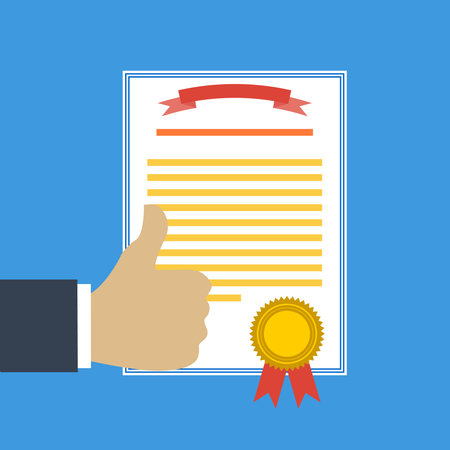 Vector illustration. Flat background with hand and winners certificate. Business award. Likeのイラスト素材