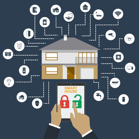 Smart home. Flat design style vector illustration concept of smart house technology system with centralized control.のイラスト素材