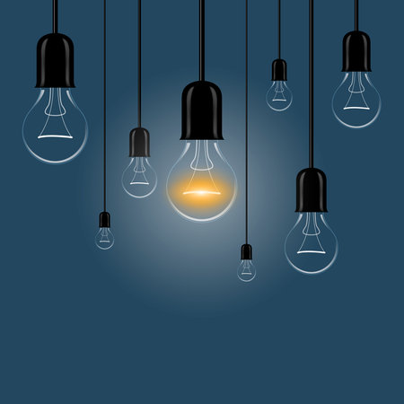 Hanging light bulbs with a luminous on a dark background. Vector illustration for your designのイラスト素材
