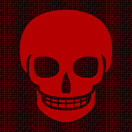 Hacking system. Abstract, luminous skull of red color from programming symbols. Hexadecimal number system. The data is under threat. Vector illustration.のイラスト素材