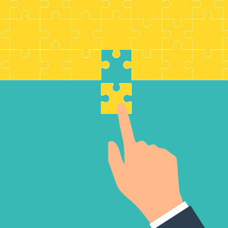 Teamwork concept. Puzzle holding in hands businessman connecting. Vector illustration flat style design. Cooperation, partnership. Combining two pieces. Symbol of working together. Business metaphor.のイラスト素材