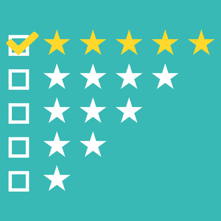 Star rating. Five flat yellow web button stars ratings. Evaluation system. Positive review. Vector illustration flat design. Isolated on white background. Quality workのイラスト素材