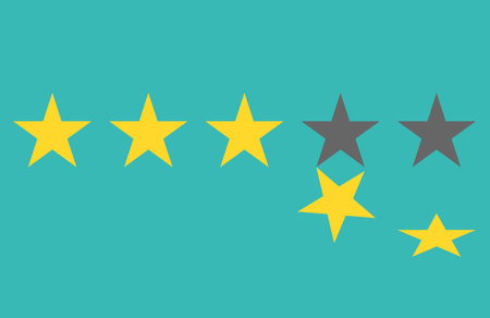Star rating. Five flat yellow web button stars ratings. Evaluation system. Positive review. Vector illustration flat design. Isolated on white background. Quality workのイラスト素材