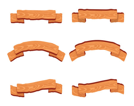 Cartoon brown wooden plate and ribbons. Vector set isolate on white background.のイラスト素材