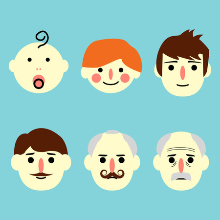 People ages icons, male and female, from young to old. Cute and simple flat con setのイラスト素材