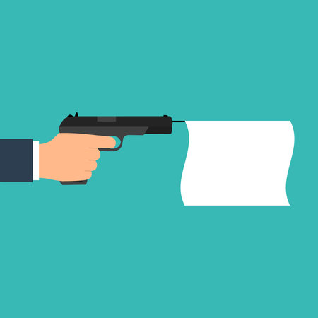 Hand holding a pistol with an empty flag. Flat styleのイラスト素材