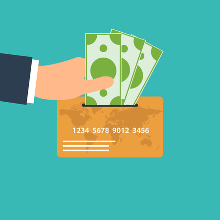 Hands holding credit card and money bills.のイラスト素材