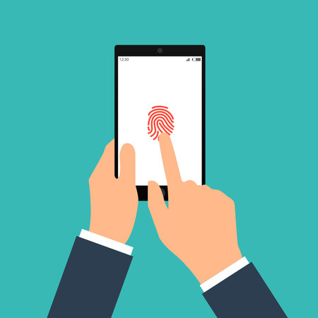 Vector illustration of identification of fingerprint on smartphone in flat style. Concept of illustration of identification of the user on a fingerprint in the mobile phone. Scannings of a fingerprintのイラスト素材