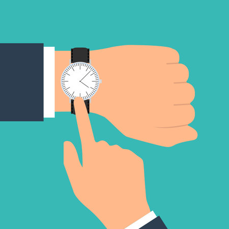 Wristwatch on the hand of businessman in suit. Time on wrist watch. Man with clock checks the time. Hand with clock isolated on background. Flat design, vector illustration.のイラスト素材