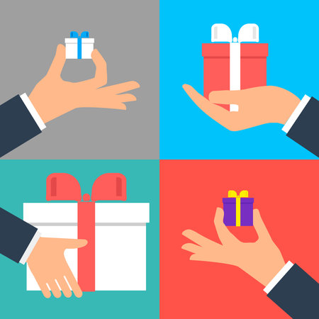 Square button. Vector icon Flat icons. Hand holding small gift box set.のイラスト素材