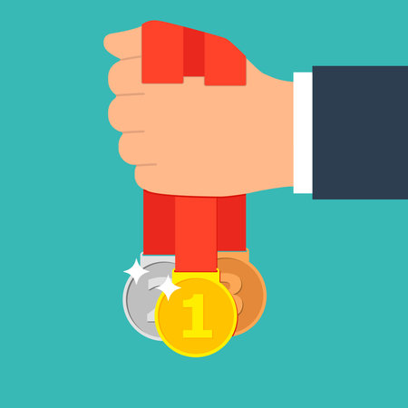 Set of medals in his hand. Winner and winner. Vector illustration.のイラスト素材