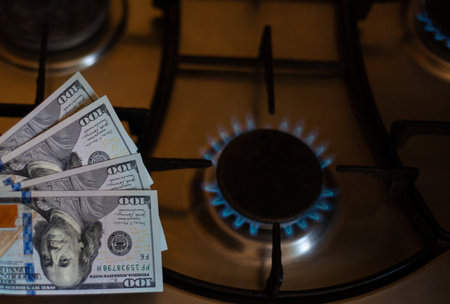 The banknotes lie next to a burning gas burner. The concept is to increase the cost of supply , payment for natural gas. The energy crisis. High cost, price of gasの写真素材