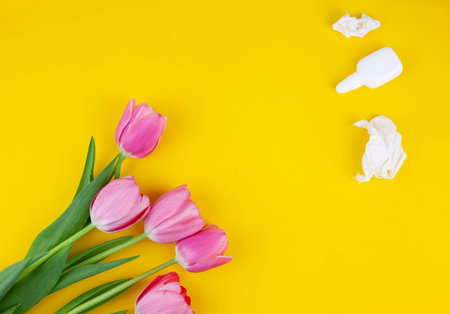 Allergic sufferer has red eyes, runny nose, stuffy, sore nose, suffering from pollen allergy symptoms, spring fever, hold, flower, plant, tissue, trigger reaction, isolated on pastel yellow studio background.の写真素材