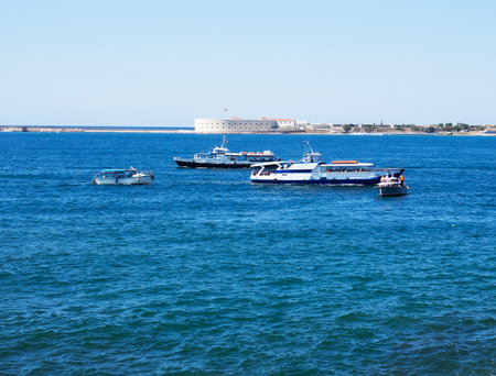 2 pleasure motor ships and 1 pleasure boat, and 1 control boat in the Black Sea bay, Sevastopol, Crimea.の写真素材