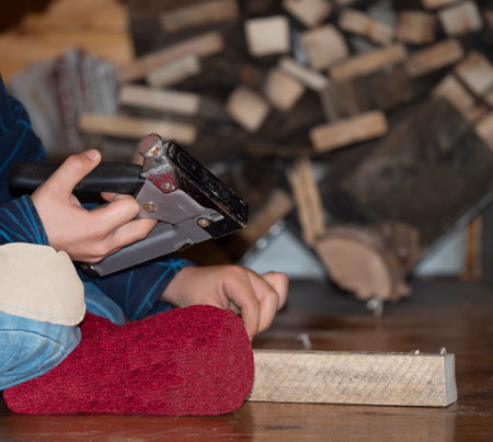 Preparation for work is in progress checking the construction staplerの写真素材