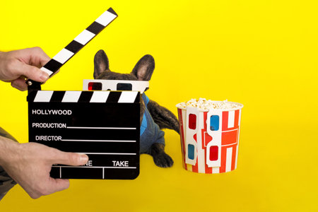Dog French Bulldog in 3D glasses looks out of the director's crackers. popcorn. on a yellow background. cinema conceptの写真素材
