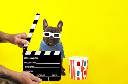 Dog French Bulldog in 3D glasses looks out of the director's crackers. popcorn. on a yellow background. cinema conceptの写真素材