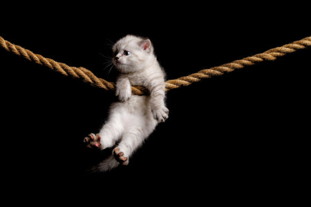 Cute little white kitten on a black background. hanging on the rope.の写真素材