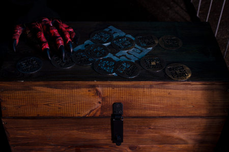 mystical chest with coins. guarded by dark power. halloween concept