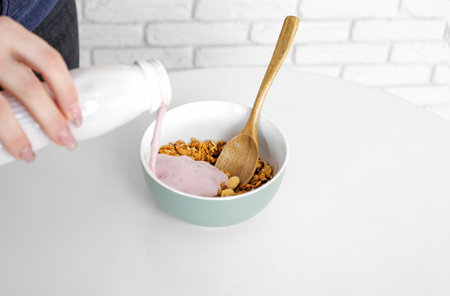 breakfast. healthy eating. food. Whole grain porridge with yogurt, nuts and bananas. healthy lifestyle.の写真素材