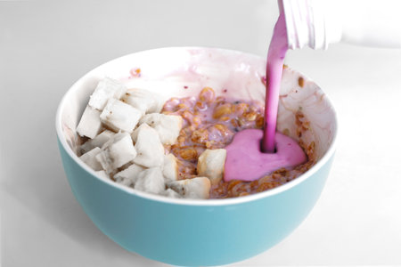 breakfast. healthy eating. food. Whole grain porridge with yogurt, nuts and bananas. healthy lifestyle.の写真素材