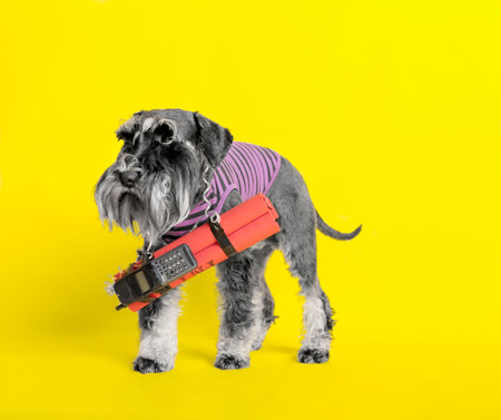 dog. miniature schnauzer. posing in the studio on a yellow background. with dynamite on the neck. tntの写真素材