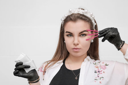 eyebrow master girl on white wall background