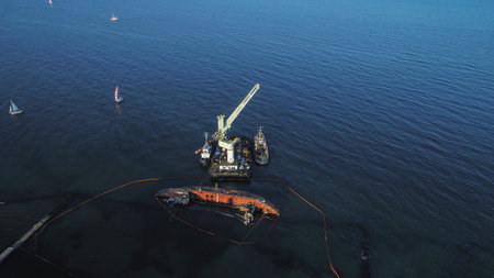 sunken ship top view. shooting by a quadcopter. overhead crane is trying to lift the ship. water...