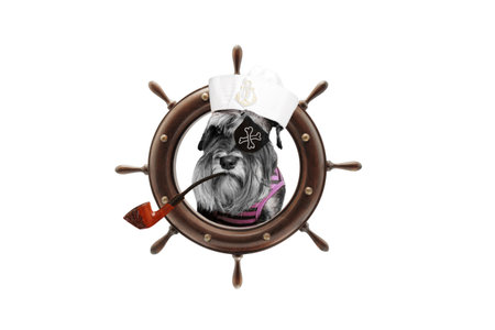ship's steering wheel. dog in the form of a pirate. with a smoking pipe in his mouth. isolated on white backgroundの写真素材