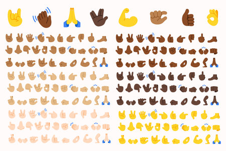 All hand emoji gesture. Hand emoticons vector illustration symbols set, collection. Hands, handshakes, muscle, finger, fist, direction, like, unlike, fingers.のイラスト素材