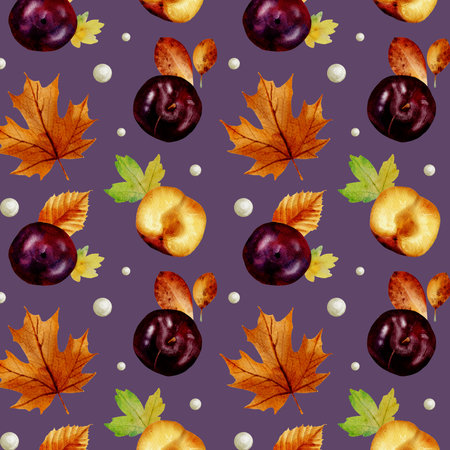 Seamless watercolor pattern with bright orange autumn leaves and plums on a lilac background, large elementsの写真素材